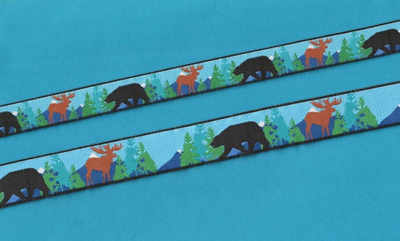 ANIMALS/Wildlife RDS 19-C Jacquard Ribbon Polyester Trim, Black Bears Brown Moose w/Mountains & Trees, Choose Width/Length