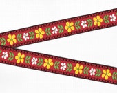 FLORAL F-19-B Jacquard Ribbon Trim, Cotton, 15 16 quot Wide, Red Background Black Borders, White Yellow Flowers, Green Leaves, Priced Per Yard