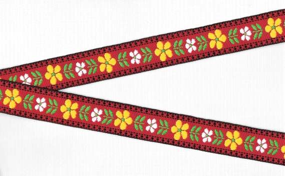 FLORAL F-19-B Jacquard Ribbon Cotton Trim 15/16" wide (24mm) Red Background w/Black Borders, White & Yellow Flowers, Green Leaves