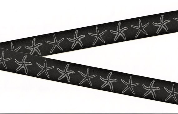 NOVELTY/Beach F-10-E Jacquard Ribbon Polyester Trim 1" wide (25mm) Metallic Silver Star Fish on Black Background, REMNANTS