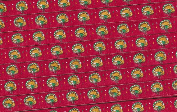 THANKSGIVING A-01-A Jacquard Ribbon Poly Trim 3/8" Wide (9mm) Red Background w/Turkeys