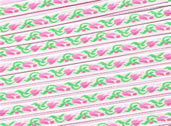 FLORAL B-10-G Jacquard Ribbon Rayon/Poly Trim, 7/16" wide, White w/Pink Borders, Variegated Pink Tulips & Dots, Green Leaves
