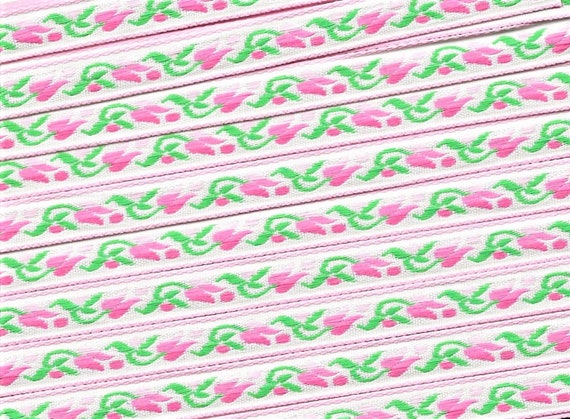 FLORAL B-10-G Jacquard Ribbon Rayon/Poly Trim, 7/16" wide, White w/Pink Borders, Variegated Pink Tulips & Dots, Green Leaves