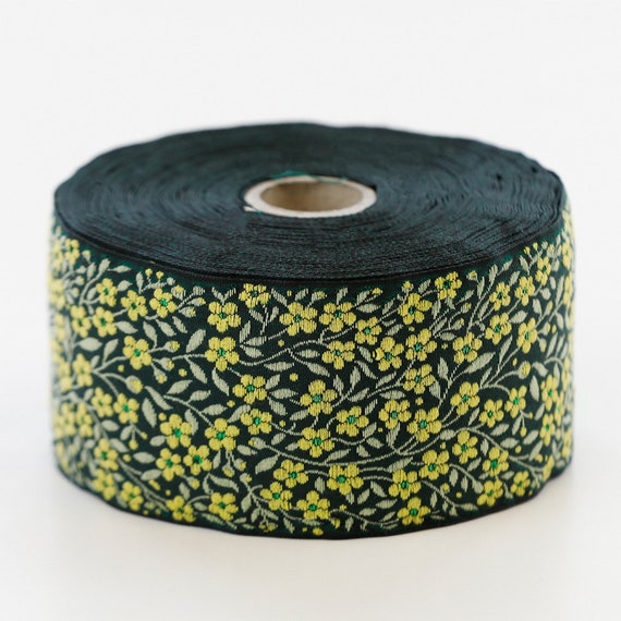KAFKA K-02/07 Jacquard Ribbon Woven Organic Cotton Trim 2" wide (50mm) Green w/Yellow Forget-Me-Nots Metallic Accents Green Leaves