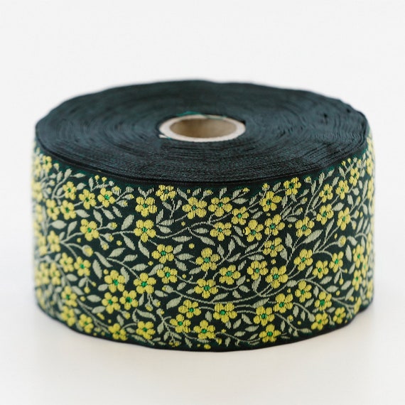 KAFKA K-02/07 Jacquard Ribbon Woven Organic Cotton Trim 2" wide (50mm) Green w/Yellow Forget-Me-Nots, Metallic Accents, Green Leaves