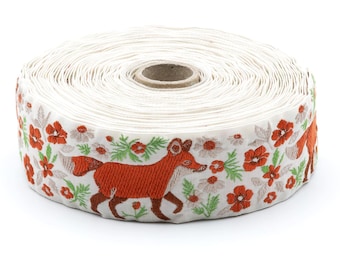 Fita de jacquard KAFKA H-24/01 em algodão orgânico, 38 mm de largura (1+1/2"), bege com raposas vermelhas.