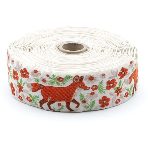 KAFKA H-24/01 Jacquard Ribbon Woven Organic Cotton Trim 1+1/2" wide (38mm) NEW! Beige Background with Reddish-Brown Foes, Flowers & Greenery