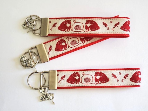 CATS Jacquard Ribbon/Nylon Web 1" wide (25mm) Key Fobs Fat Cat w/Mouse & Ball of Yarn w/Charms, Keychain, Wristlet, Luggage Tags 5.5" long