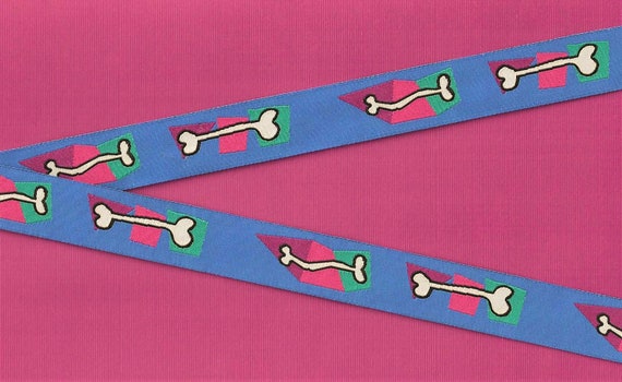 NOVELTY/Dogs E-09-A Jacquard Ribbon Poly Trim, 7/8" Wide (22mm), Blue Background w/Multi-Colored Dog Bones, Price Per Yard