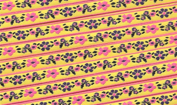 FLORAL A-30-S Jacquard Ribbon Poly Trim 3/8" wide (9mm) Yellow w/Hot Pink Borders, Hot Pink & Purple Flowers, Green Leaves