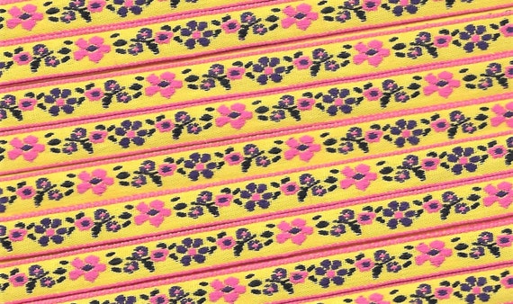 FLORAL A-30-S Jacquard Ribbon Poly Trim 3/8" wide (9mm) Yellow w/Hot Pink Borders, Hot Pink & Purple Flowers, Green Leaves