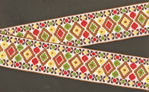 NATIVE AMERICAN J-10-A Jacquard Ribbon Cotton Trim 1-7/8" wide (48mm) White w/Brown Borders, Red, Green & Yellow Diamond Design, Per Yard