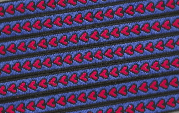 HEARTS/FLOWERS B-10-B Jacquard Ribbon Cotton Trim 9/16" Wide (14mm) VINTAGE Blue Background w/Red Hearts & Black Borders, Made in Austria