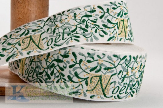 KAFKA H-03/N-03 Jacquard Ribbon Woven Organic Cotton Trim 1-1/2" wide (38mm) "NOEL" Ivory w/Mistletoe & Berries, Gold Accents