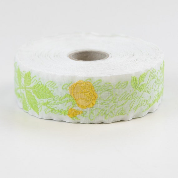 KAFKA F-08/21 Jacquard Ribbon Woven Organic Cotton Trim 1" wide (25mm) HEINE ROSE White w/Poem, Long Stemmed Yellow Roses/Lime Green Leaves