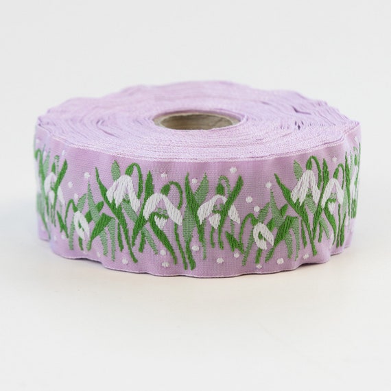 KAFKA G-01/12 Jacquard Ribbon Woven Organic Cotton Trim 1-1/4" wide (32mm) Orchid Lilac w/White Snowdrops, 2-Tone Green Leaves