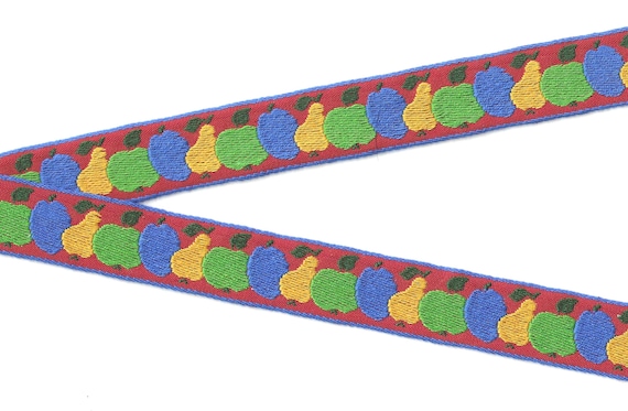NOVELTY/Fruit F-04-C Jacquard Ribbon Cotton Trim 1" wide (25mm) VINTAGE, Red Background w/Green Apples, Golden Pears & Blue Plums