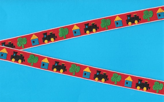 CHILDREN's D-02-D Jacquard Ribbon Vintage Cotton Trim 3/4" wide (20mm) Red Background Black Trains Turquoise Houses Green Trees