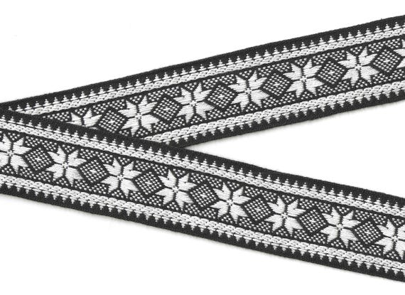SNOWFLAKES K-05-E Jacquard Ribbon Cotton Trim 2" wide (50mm) VINTAGE Black w/White Snowflakes