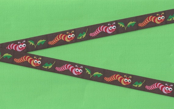 INSECTS C-12-A Jacquard Ribbon Polyester Trim 5/8" wide (16mm) Brown Background w/Pink/Orange/Yellow Striped Inchworms & Leaves
