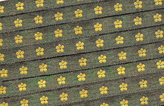 KAFKA A-03/13 Jacquard Ribbon Woven Organic Cotton Trim 7/16" wide (10mm) Iridescent Green Background w/Yellow Forget-Me-Not Flowers