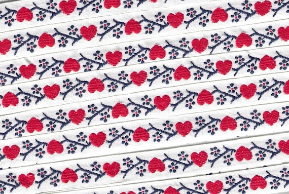 HEARTS/FLOWERS B-30-B Jacquard Ribbon Woven Cotton Trim 1/2" wide (13mm) White Background w/Red Hearts, Petite Navy Blue Flowers & Leaves