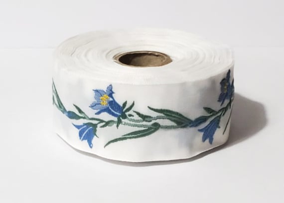 KAFKA G-02/01 Jacquard Ribbon Woven Organic Cotton Trim 1-1/4" wide (32mm) White Background w/Blue & Yellow Bellflowers, Green Stems/Leaves