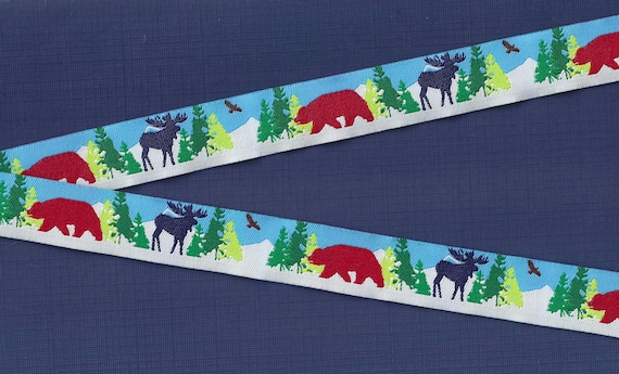 RDS E-19-B Jacquard Ribbon Polyester Trim, 7/8" wide (22mm) Winter - Red Bears, Blue Moose, Brown Eagles, Mountains & Trees in the Snow!