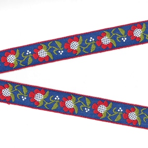 FLORAL D-05-H Jacquard Band Poly / Baumwolle Trim 3/4 &quot;breit (20 mm) Blauer Hintergrund, Rot / Weiß / Gelb Sonnenblumen Olivgrün Blätter