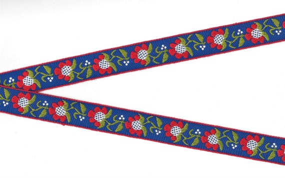 FLORAL D-05-H Jacquard Ribbon Poly/Cotton Trim 3/4" wide (20mm) Blue Background, Red/White/Yellow Sunflowers Olive Green Leaves