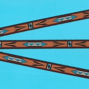 NATIVE AMERICAN B-09-B Jacquard Ribbon Poly Trim, 1/2" wide (13mm) Black Background w/Pumpkin Orange, Turquoise & Grey Tribal Pattern