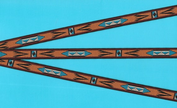 NATIVE AMERICAN B-09-B Jacquard Ribbon Poly Trim, 1/2" wide (13mm) Black Background w/Pumpkin Orange, Turquoise & Grey Tribal Pattern