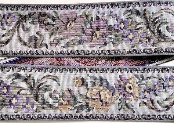 FLORAL TAPESTRY M-09-H Jacquard Ribbon Cotton Trim 2-5/8" wide (67mm) VINTAGE Gray Background w/Plum, Purple & Golden-Yellow Flowers