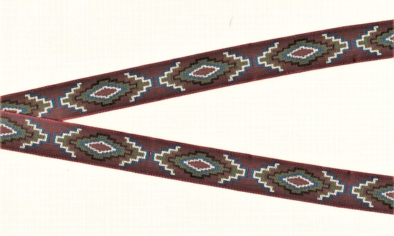 NATIVE AMERICAN D-15-A Jacquard Ribbon Poly Trim 3/4 Wide (20mm) Blue, Gray & Red Diamond Aztec Tribal Design on Black, Per Yard