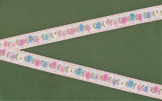 FLORAL D-17-E Jacquard Ribbon Cotton Trim 3/4" wide (20mm) VINTAGE, White w/Variegated Lt Pink, Pink, Lt Blue & Blue Flowers, Green Leaves