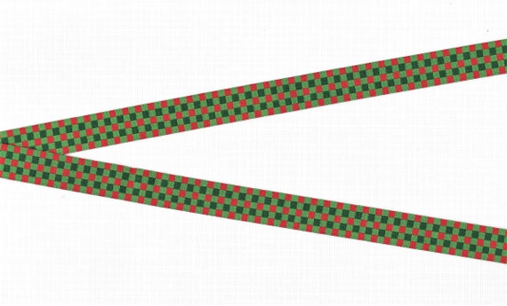 HOLIDAY B-21-A Jacquard Ribbon Poly Trim 1/2" wide (13mm) Douglas Paquette "Holiday Plaid" Red & Green Checkerboard Design, Per Yard