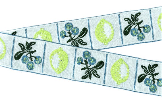 NOVELTY/Fruit H-01-A Jacquard Ribbon Cotton Trim 1-5/8" wide (41mm) VINTAGE, Limes & Blueberries on White