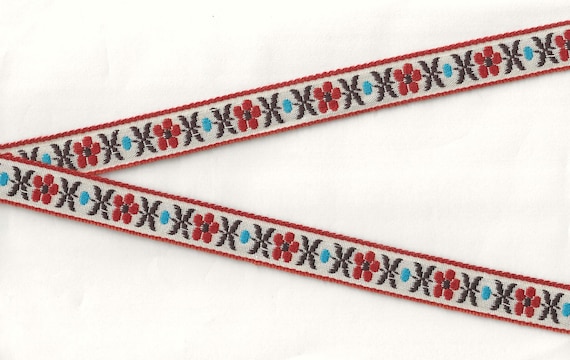 FLORAL C-36-B Jacquard Ribbon Cotton Trim 5/8" wide (16mm) VINTAGE Cream w/Rust & Brown Flowers, Turq Accents