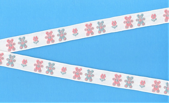 CHILDREN's C-01-A Jacquard Ribbon Cotton Trim, 5/8" Wide (16mm) White Background, Blue/Pink Bears Petite Pink Flower, Blue Accents