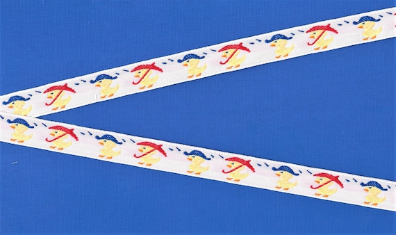 CHILDREN's C-11-B Jacquard Ribbon Polyester Trim 5/8" wide (16mm) White Background, Yellow Ducks w/Red & Royal Blue Umbrellas