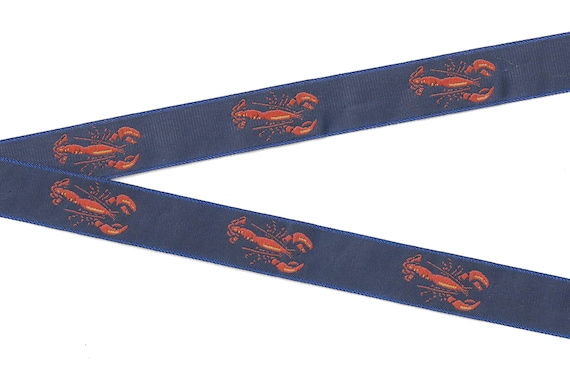 ANIMALS/Water E-06-C Jacquard Ribbon Poly Trim 7/8" wide (22mm) Navy Background w/Red Lobsters, Yellow Accents, Patches, Appliques, Labels