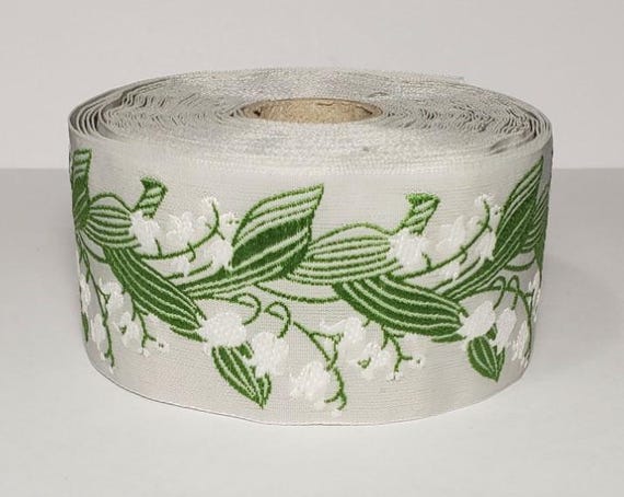 KAFKA H-02/11 Jacquard Ribbon Woven Organic Cotton Trim 1-1/2" wide (38mm) Gray Background w/White Lilies of the Valley, Green/Leaves