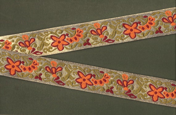 METALLIC H-06 Jacquard Ribbon Poly Trim 1-3/16" Wide (30mm) Metallic Gold w/Pumpkin Orange Flowers, Burgundy & Olive Green Accents