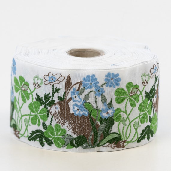 KAFKA K-04/05 Jacquard Ribbon Woven Organic Cotton Trim 2" wide (50mm) FREE BUTTON! Cream w/Rabbits, Greenery, Blue Flowers