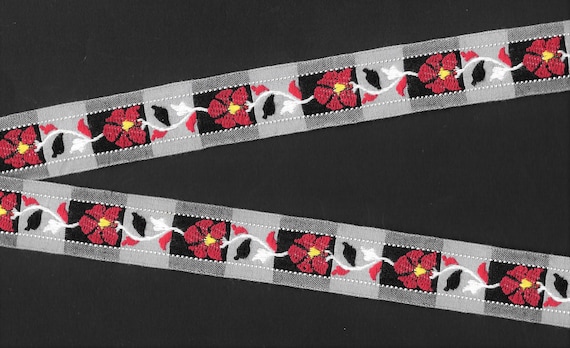 FLORAL F-10-A Jacquard Ribbon Cotton Trim, 1" Wide, Black & White Block Background, Large Red Flower, Yellow Accents, White Vines,  Per Yard