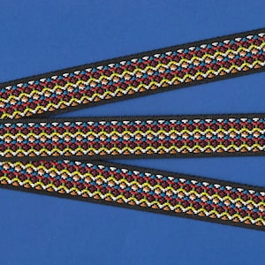 May include: Three black ribbon trims with a colorful geometric pattern. The pattern features red, yellow, orange, blue, and white threads.