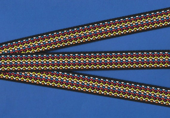 NATIVE AMERICAN D-11-B Jacquard Ribbon Poly Trim, 3/4" Wide (20mm) Black Background/Border, Bright, Multi-Colored Tribal Pattern