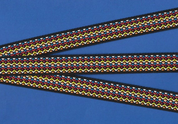 NATIVE AMERICAN D-11-B Jacquard Ribbon Poly Trim, 3/4" Wide (20mm) Black Background/Border, Bright, Multi-Colored Tribal Pattern, Per Yard