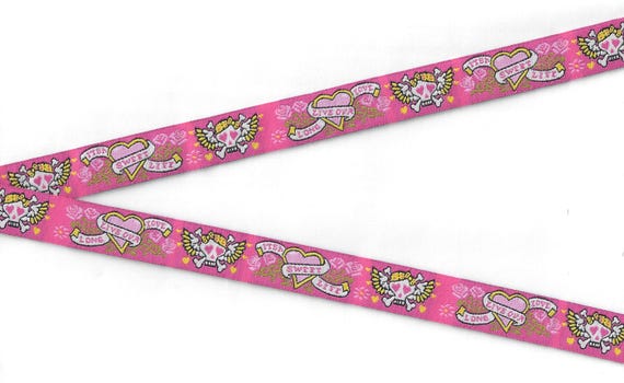 NOVELTY/Skulls C-01-B Jacquard Ribbon Poly Trim 5/8" wide (16mm) Pink w/Skulls & Roses