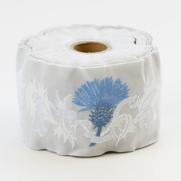 KAFKA K-01/04 Jacquard Ribbon Woven Organic Cotton Trim 2" wide (50mm) Soft Dove Gray w/Sky Blue Thistles, Pale Blue Ribbons & White Leaves